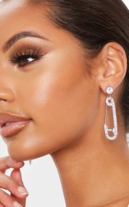 Prettylittlething - Silver diamante safety pin drop earring