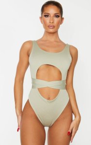 Soft Olive Crinkle Cut Out Belted Swimsuit