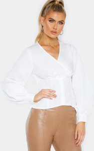 Tall White Plunge Button Detail Full Sleeve Shirt Blouse