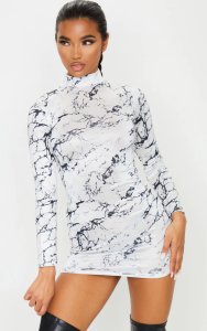 White Marble Print Slinky High Neck Long Sleeve Bodycon Dress