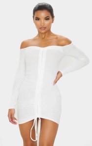 Prettylittlething - White ribbed long sleeve bardot ruched bodycon dress