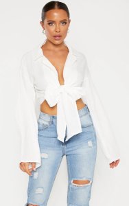 Prettylittlething - White textured oversized tie front shirt