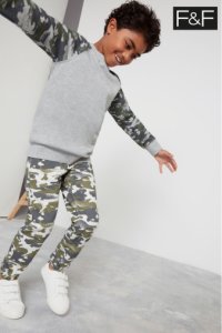Boys F&F Grey Crew Sweater With Camo Arms -  Natural