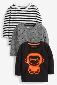 Boys Next Monochrome 3 Pack Long Sleeve Monkey T-Shirts (3mths-7yrs) -  Black