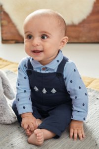 Boys Next navy smart boat twill dungaree and jersey shirt body set (0mths-2yrs) -  blue