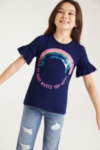 Girls F&F Rainbow Sequin T-Shirt -  Blue