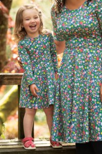 Girls Frugi GOTS Organic Long Sleeve Skater Dress In A Floral Print -  Blue