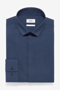 Mens Next Navy Slim Fit Single Cuff Textured Concealed Placket Shirt -  Blue