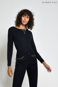 Womens Harpenne Black Boat Neck Long Sleeve T-Shirt -  Black