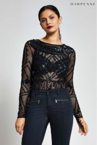 Womens Harpenne Black Embellished Fringe Bodysuit -  Black