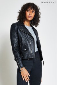 Womens Harpenne Black Leather Biker Jacket -  Black