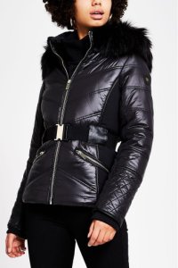 Womens River Island Black Flavia Belted Fitted Padded Jacket -  Black
