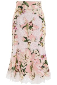 DOLCE & GABBANA PENCIL SKIRT WITH LACE 40 Pink, White, Green Silk