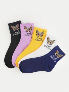 5 Pairs Butterfly Cotton Crew Socks Set