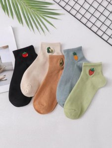 5 Pairs Fruit Embroidery Plain Short Socks