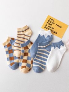 6 Pairs Check Striped Ankle Socks Set
