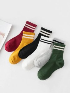 6 Pairs Striped Print Crew Socks Set
