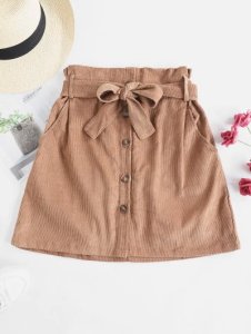 Button Fly Corduroy Belted Paperbag Skirt