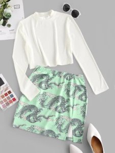 Chinoiserie Ribbed Dragon Print Two Piece Dress
