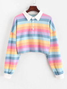 Zaful - Contrast striped rainbow half button crop sweatshirt