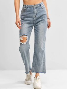 Distressed Frayed Hem High Waisted Straight Jeans
