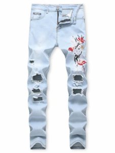 Distressed Long Floral Embroidery Ripped Jeans