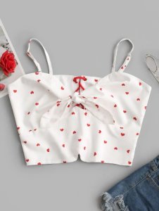 Heart Print Tied Lace Up Crop Cami Top
