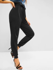 Zaful - High rise belted paperbag jogger pants