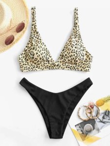 Leopard Print Padded High Leg Bikini Swimwear