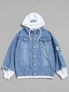 Zaful - Letter applique hooded faux twinset jean jacket