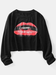 Zaful - Lip letter graphic raw hem crop sweatshirt