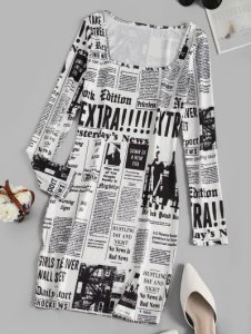 Long Sleeve Newspaper Print Milkmaid Dress