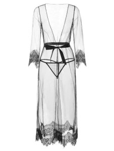 Mesh See Thru Lace Belted Long Lingerie Dress Set