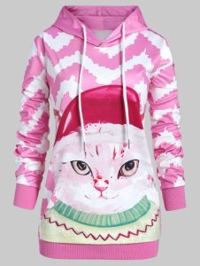 Plus Size 3D Cat Zigzag Pullover Hoodie with Pocket
