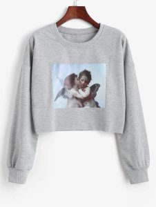 Zaful - Raw cut renaissance art angel print sweatshirt