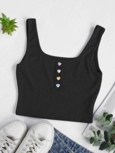 Ribbed Heart Shaped Button Crop Tank Top