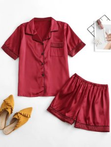 Short Stain Pajama Set with One Pocket