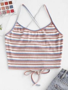 Zaful - Striped lace-up ribbed crop cami top