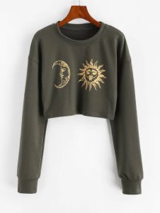 Sun Moon Print Cropped Sweatshirt