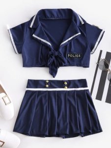 Tie Front Police Women Cosplay Skirt Lingerie Set
