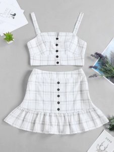 ZAFUL Checked Buttoned Top and Ruffles Skirt Set