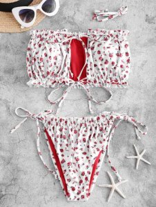 ZAFUL Ditsy Print Tie Frilled Bandeau Bikini Swimwear