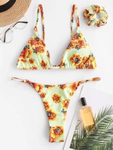 ZAFUL Floral Butterfly Print Padded Scrunchies Bikini Swimwear