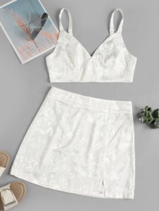 ZAFUL Floral Jacquard Slit Mini Skirt Set