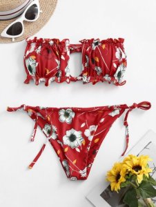 ZAFUL Flower Frilled Tie Ruched Bandeau Bikini Swimwear