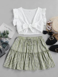 ZAFUL Gingham Eyelet Knotted Two Piece Suit