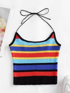 ZAFUL Halter Knitted Colorful Stripes Crop Top