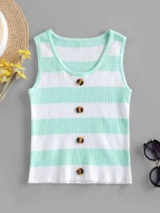 ZAFUL Knitted Striped Mock Button Tank Top