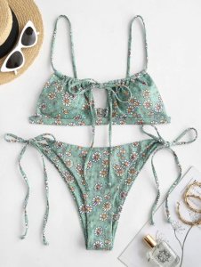 ZAFUL Ribbed Floral Cutout String Bikini Swimwear