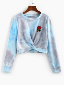 ZAFUL Tie Dye Rose Applique Front Twist Sweatshirt